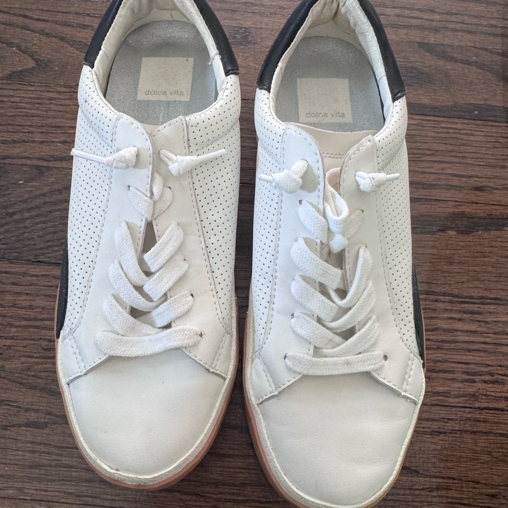Dolce Vita White Leather Women's Sneakers with Black Heel Trim